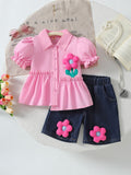 cross-border girl stereo flower shirt skirt + imitation denim mid-pants suit two-piece set