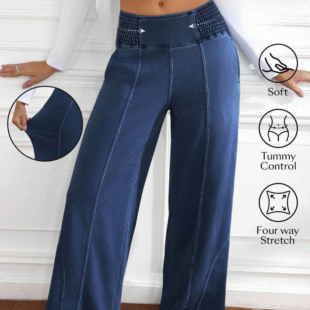 Tummy control imitation denim loose pants four-way stretch soft high waist flared pants