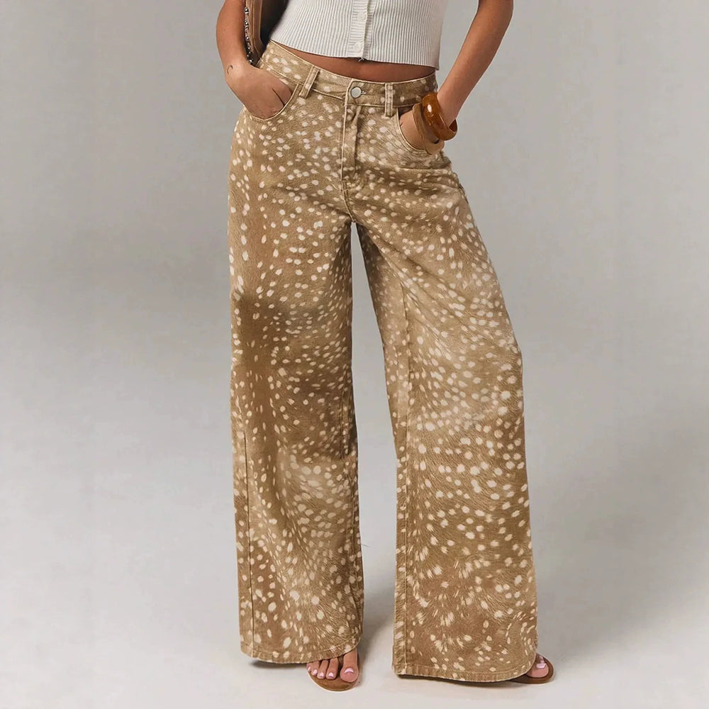 Women's denim pants - deer print, spotted, khaki, high-waisted, wide-leg, floor-length, fall new arrivals