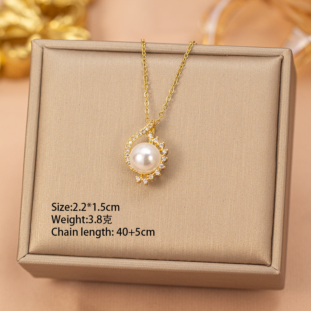 European and american hot-selling fashion zircon pearl necklace for women, lightweight luxury, niche, versatile, elegant, fashionable titanium steel clavicle chain jewelry