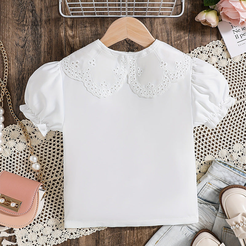 Summer girls' blouse - cross-border supply - pure white peter pan collar puff sleeve cute t-shirt top for young children