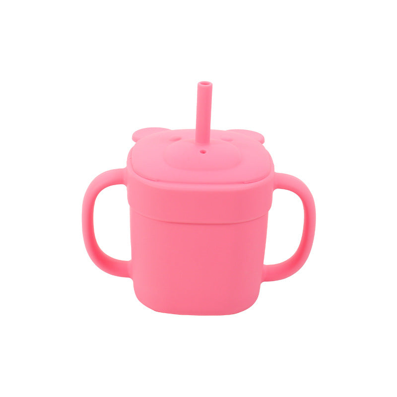 Children's silicone straw cup Baby bear baby drinking milk drinking cup Double handle anti-drop silicone feeding tableware