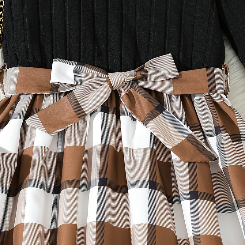 Export kids skirt k-stylelong sleevesfake two-pieceletterprintingpatchwork skirtplaid skirtspringgirldress