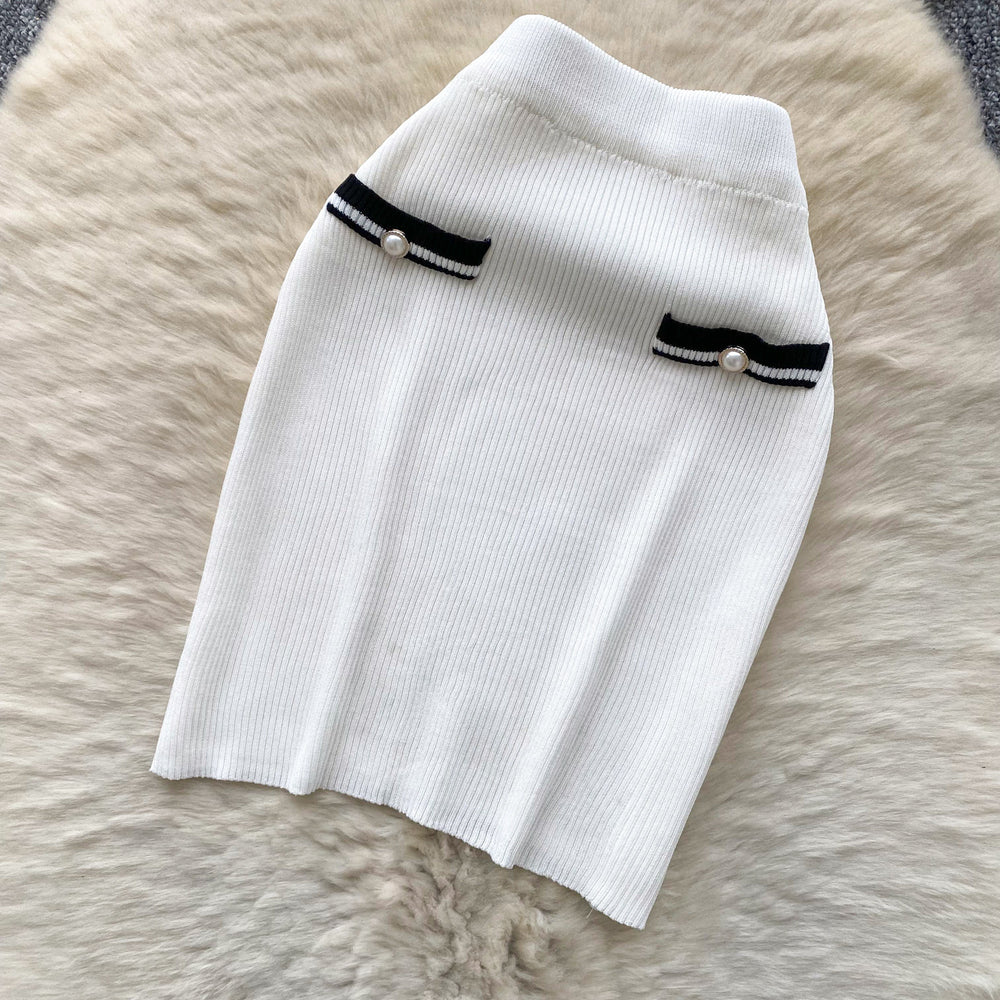 Trendy twee twee style two-piece set for women: autumn fashion color block crew neck sleeveless knit top & bodycon mini skirt