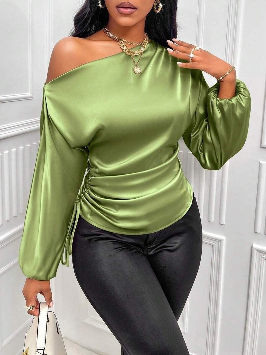 Amazon cross-border fashion new women's satin blouse - spring/summer asymmetrical long sleeve slant neck shirt top