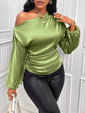 Amazon cross-border fashion new women's satin blouse - spring/summer asymmetrical long sleeve slant neck shirt top
