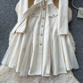 Frenchretro tweed stylev neck metal button waist dress women slimming lookelegant mesh patchworkelegance long skirt
