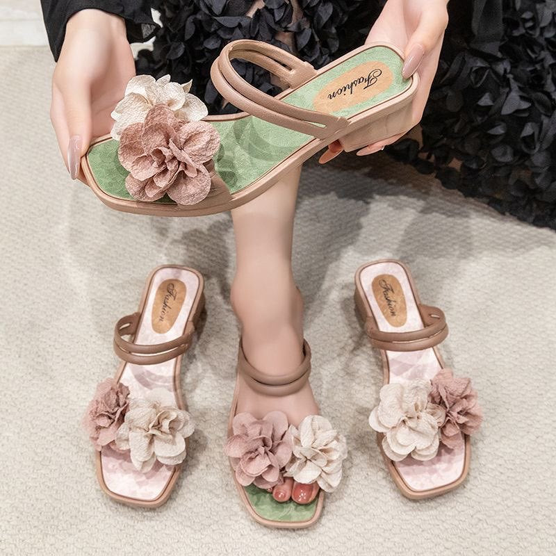 2025 summer new double flower comfortable wear-resistant non-slip trendy slippers women's outdoor lightweight versatile mid-heel sandals
