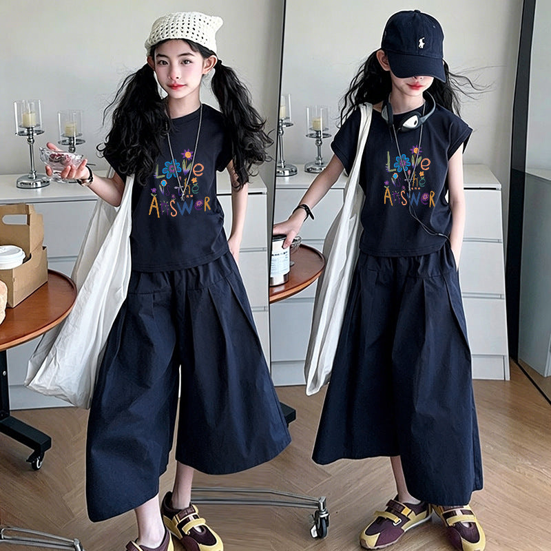 Girls' summer outfit set : new stylish summer two-piece set for older girls and children - cropped wide-leg pants
