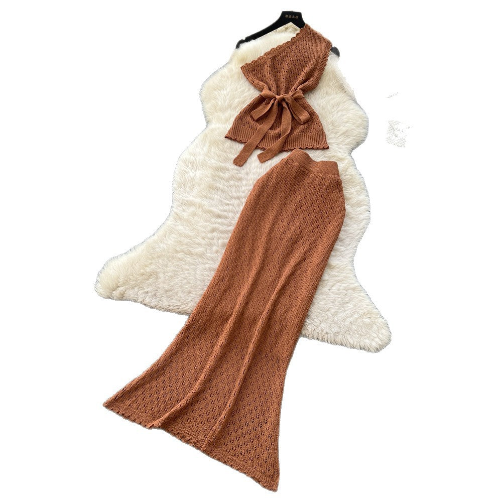 Vacation style knitting vest sleeveless high waist skirt women's summer silmslimming lookwork clothingeleganceeleganttwo-piece set