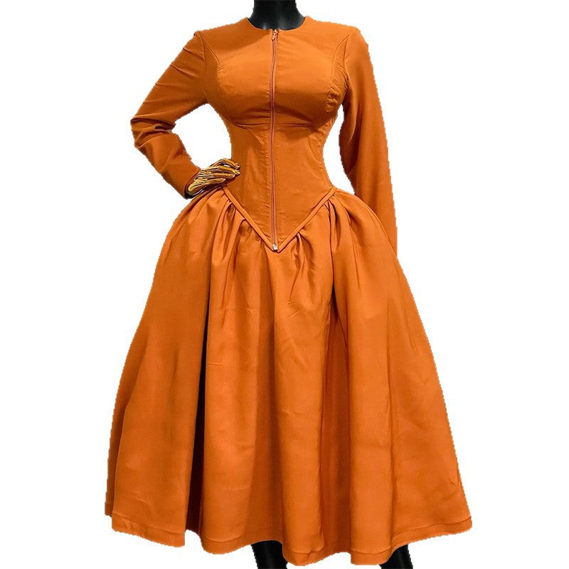 European and american cross-border women's fashion:  autumn/winter new arrival - elegant round neck, long sleeve, high-waisted tie-waist a-line dress