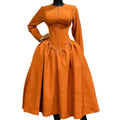 European and american cross-border women's fashion:  autumn/winter new arrival - elegant round neck, long sleeve, high-waisted tie-waist a-line dress