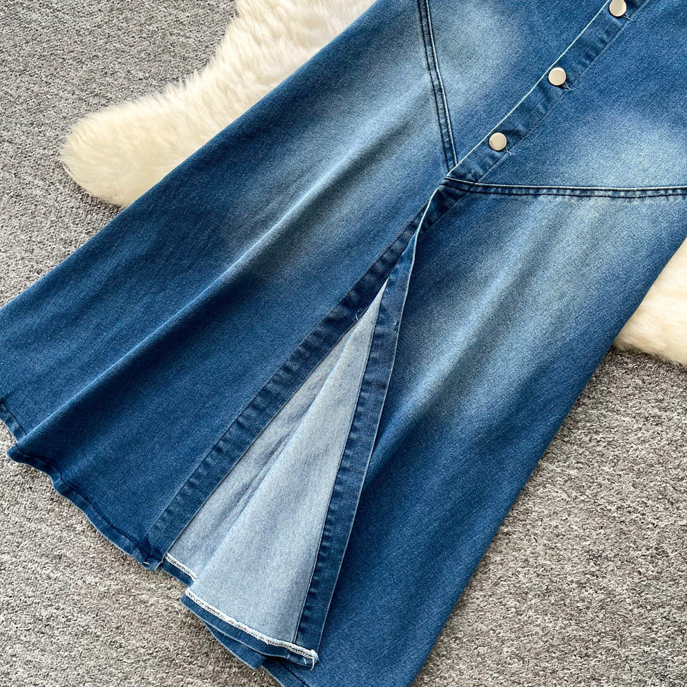 French denim suspender playful age-reducing two-piece set women's summer single-breasted silmslimming lookelegantsuit slit skirt