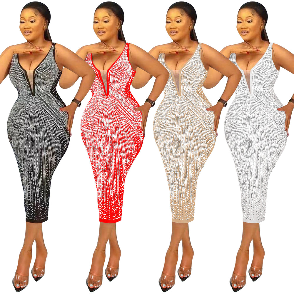 C5808 cross-border new arrival:  &  fashionable women's sexy bodycon v-neck rhinestone embellished camisole dress for us & european markets