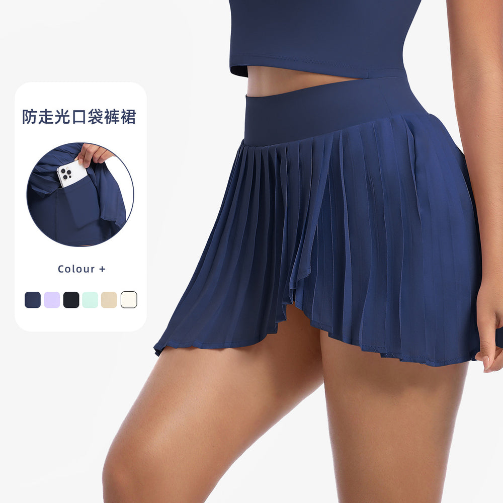 New arrival nude casualpleated sports skirt fake two-piece fashion tapeflap pocket pants tennis skirt quick-drying fitness skirt