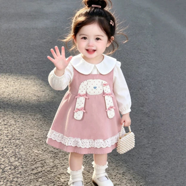 Girls' dress - spring/autumn  new collection - baby girl faux two-piece doll collar princess dress - stylish bunny dress for toddlers