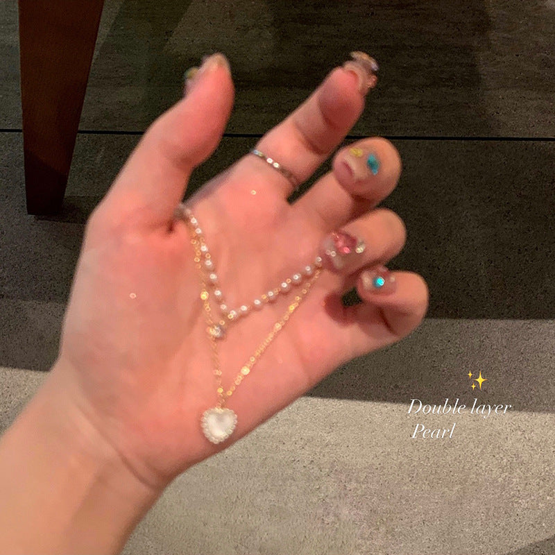 Summer pearl double-layer heart necklace for women - lightweight luxury design, unique layering, choker necklace, trending luxury style