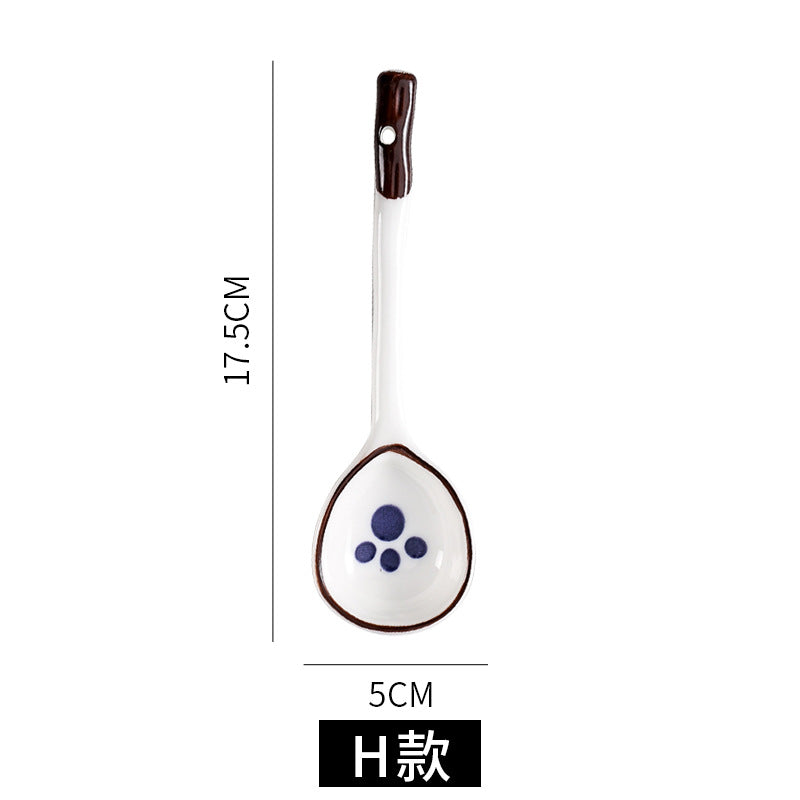 Japanese ceramic long-handled spoon - hand-painted cute creative cartoon dessert spoon - household ramen spoon - soup spoon