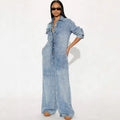 European and american cross-border women's fashion:  women's denim jumpsuit,  new arrival, button-front long sleeve romper