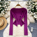 Long sleevesknitting shirt for women autumnew arrivalsense of designniche style slit button round neck long sleevesilm bottom shirt