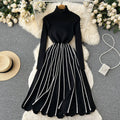 Fall and winternew arrivalhigh collarthickened inner layer bottomsense of designstripespleated knittingdress women's knee-length long skirt trendy
