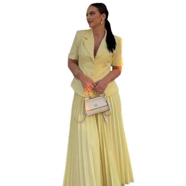 Cross-border European and American women's clothing suit collar solid color cardigan shirt pleated skirt women's  foreign style fashion suit women