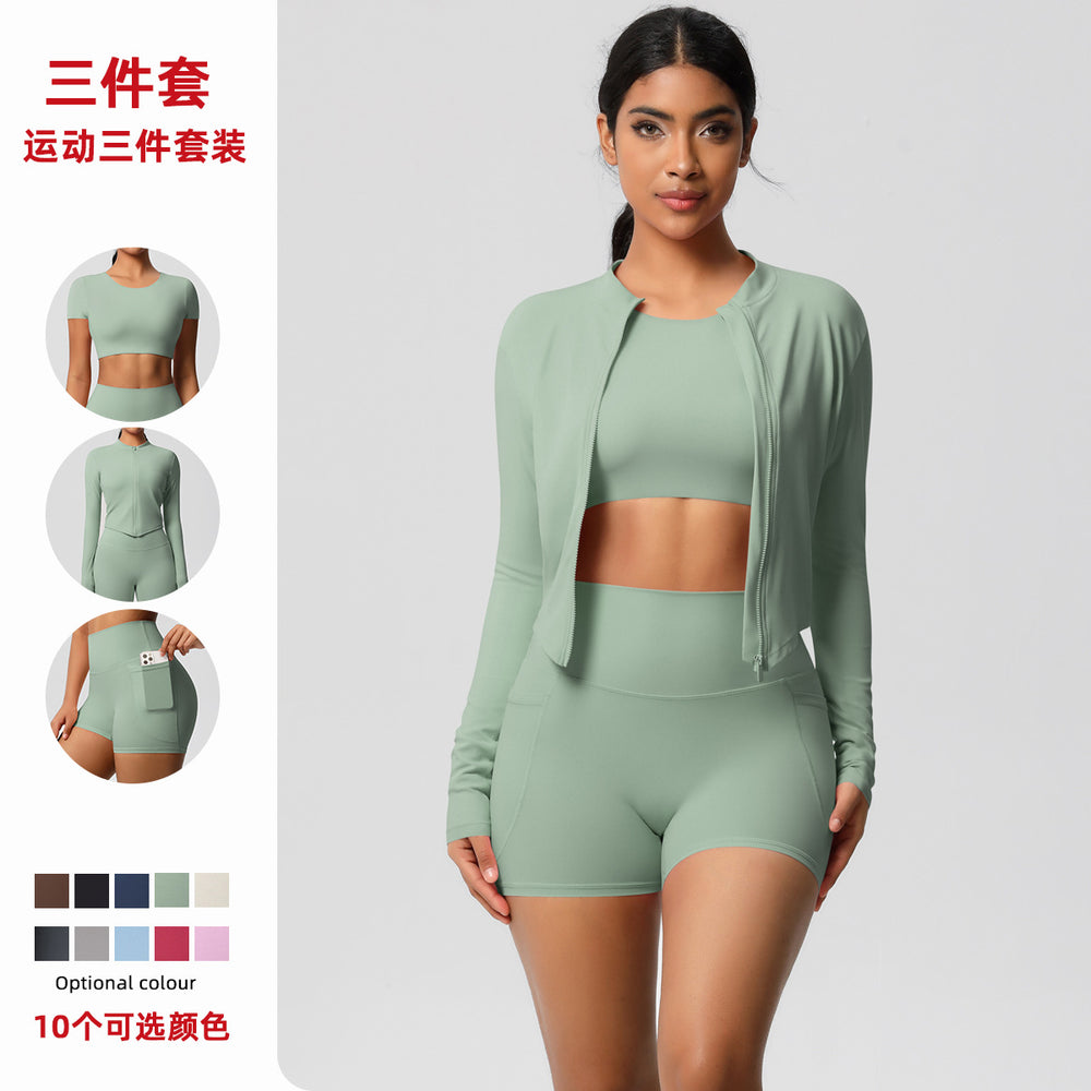 Solid color fleece-lined yoga set: quick-dry activewear with cloud-like comfort, featuring pockets – perfect for outdoor leisure, running, and fitness (3-piece set)