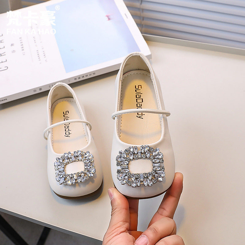 Girls' leather shoes - new spring collection: stylish square-toe ballet flats with rhinestone detail, slip-on design, and non-slip sole