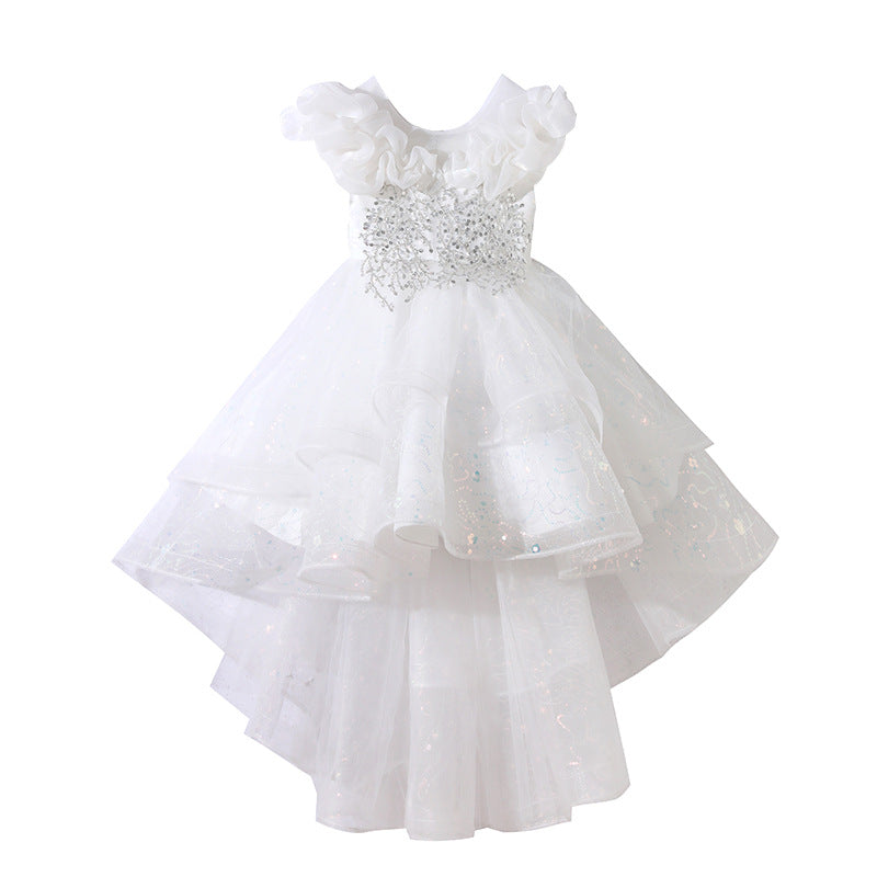 Girls' mesh evening gown, flower girl wedding dress for mid-to-large children, princess dress with train, european and american style, ages 3-14