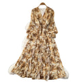 French retro v-neck long sleeve floral chiffon dress - women's  autumn collection - cinched waist, elegant ruffle hem maxi dress