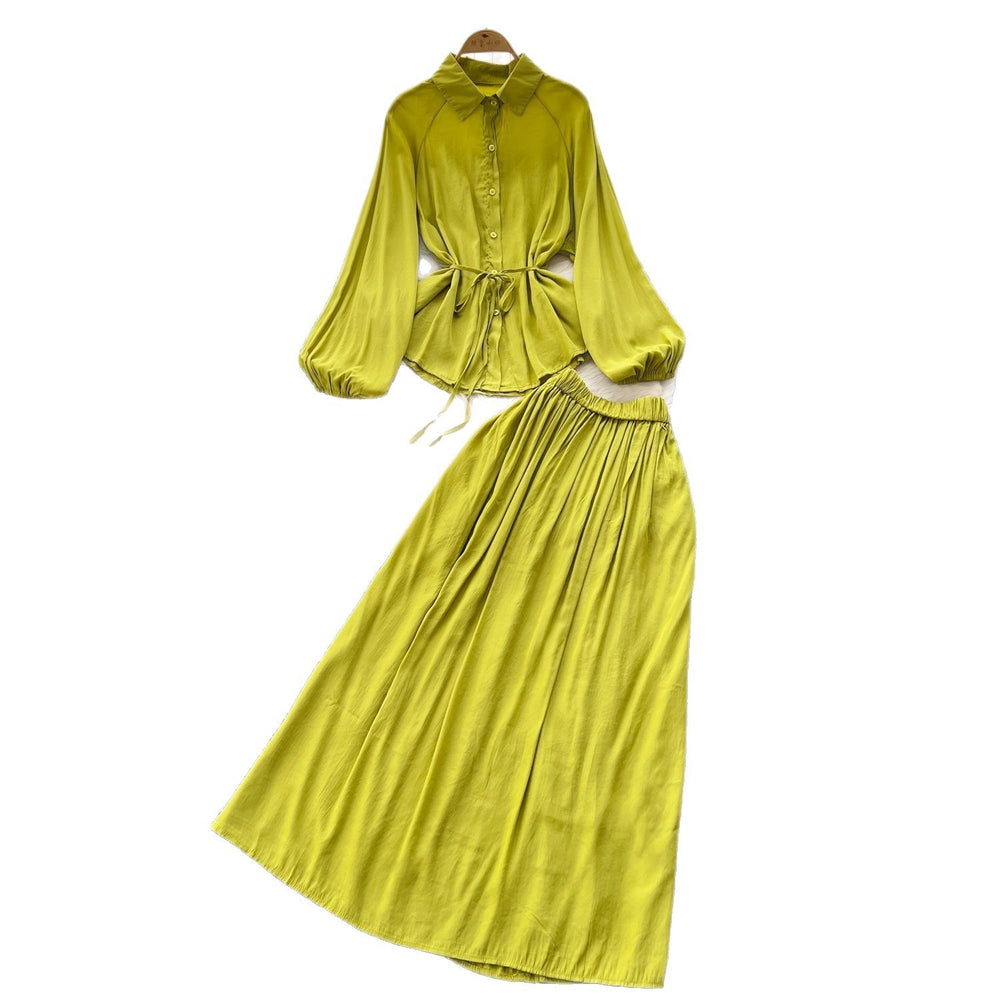 Minimalist solid color elegant women's spring outfit: bubble sleeve tie-up blouse + elastic waist slimming midi skirt