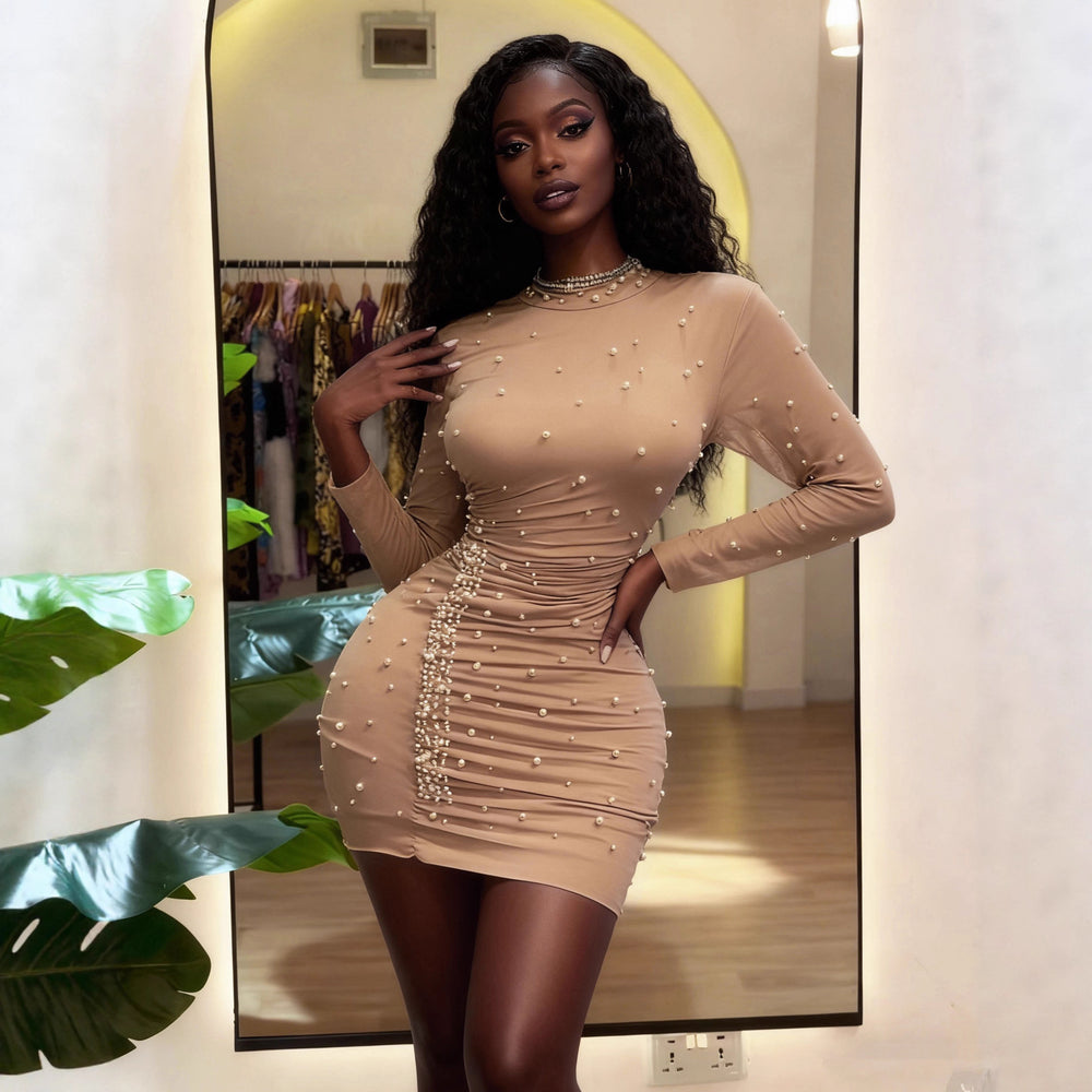 independent station european and american women's clothing pure colorfashionlong sleeves beaded hip dress wholesale