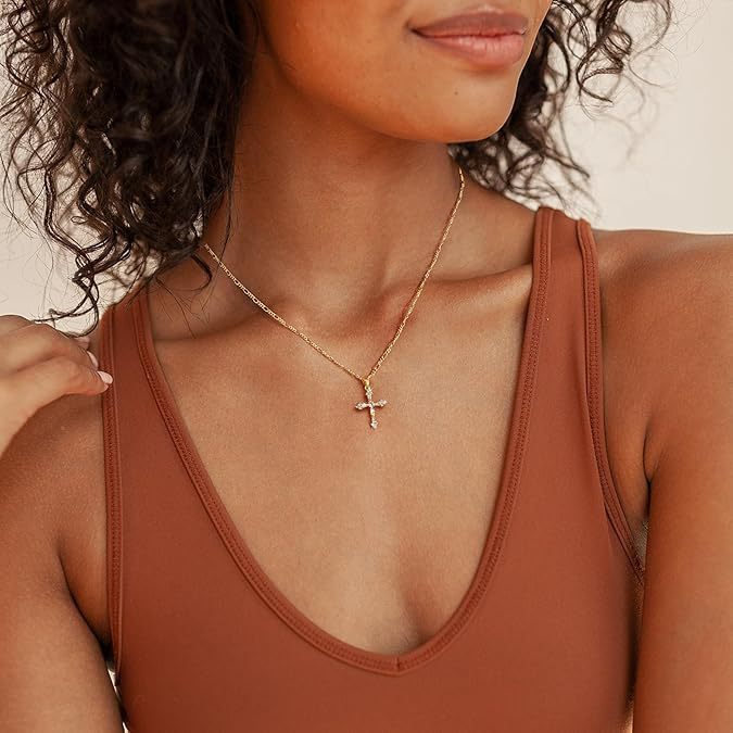 Amazon new arrival: cubic zirconia inlaid cross choker necklace - 14k gold plated smooth cross pendant box chain necklace