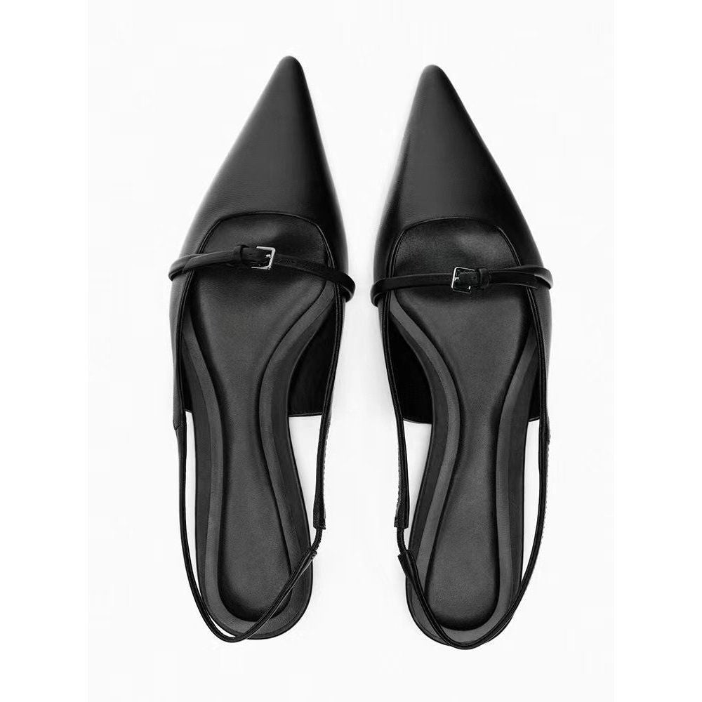 Summer new korean style women's black pointed-toe peep-toe ankle strap open-back french minimalist casual sandals, size 42