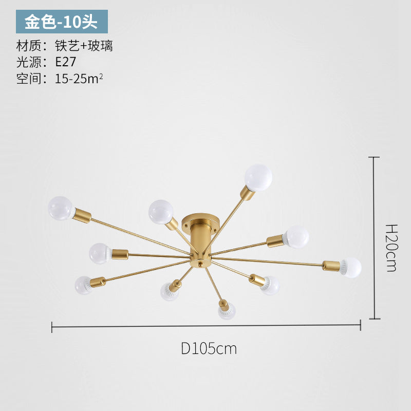 wholesale creative bedroom multi-head ceiling lamp scandinaviancasual iron art dining room living room study golden ceiling lamp