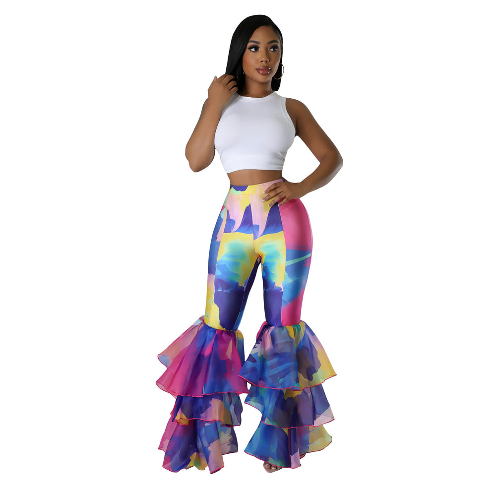 C6971 cross-border   independent station fashion women's printed flare pants ruffle hem women's trousers