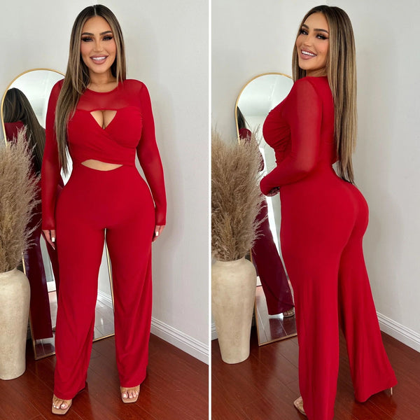 S10687 European and American sexy splicing hollow elastic wide-leg jumpsuit