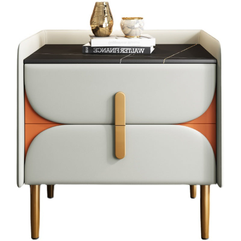 Nordic light luxury sintered stone nightstand, minimalist modern leather bedroom bedside table, solid wood upholstered, ultra-minimalist light luxury style