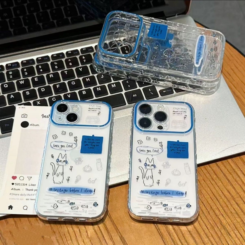 Suitable for apple 17pro mobile phone case blue frame hand-painted cat note english large window iphone16 protective cover