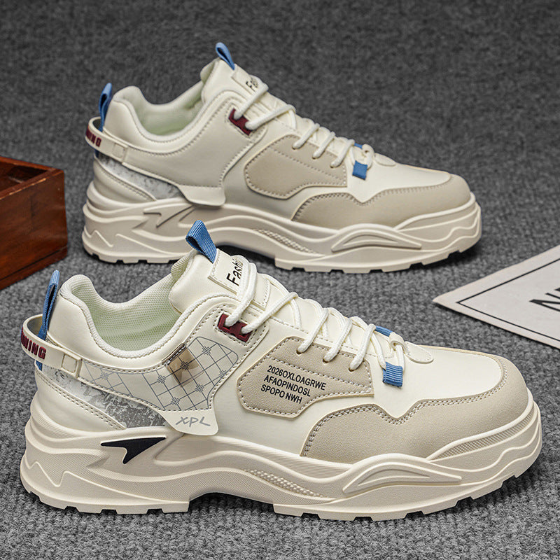 Men's spring versatile casual work shoes - leather, waterproof, athletic, height-increasing, white trendy sneakers for work and everyday wear