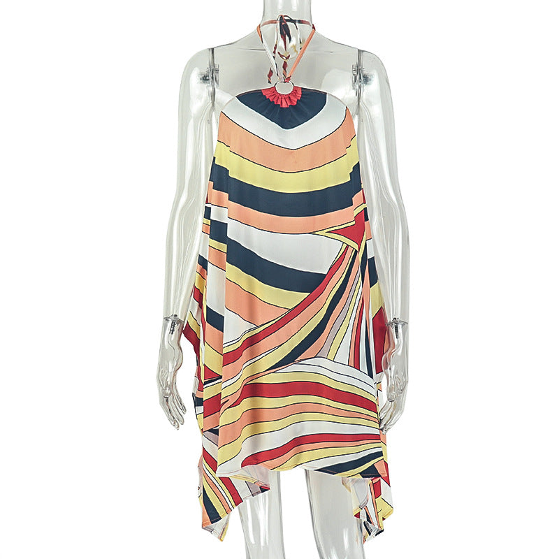 European and american style ins cross-border daily color matching women's halterneck loose backless a-line skirt sexy cool summer dress