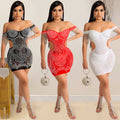 X5645 cross-border fashion sexy women's nightclub rhinestone mesh see-through off-the-shoulder tassel bandeau cutout dress