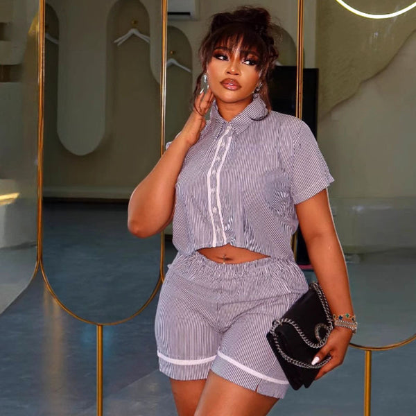 African Large Size Women's Clothing Breasted Short Cardigan Short Sleeve Shirt Top Casual Shorts European and American Fashion Trend Suit