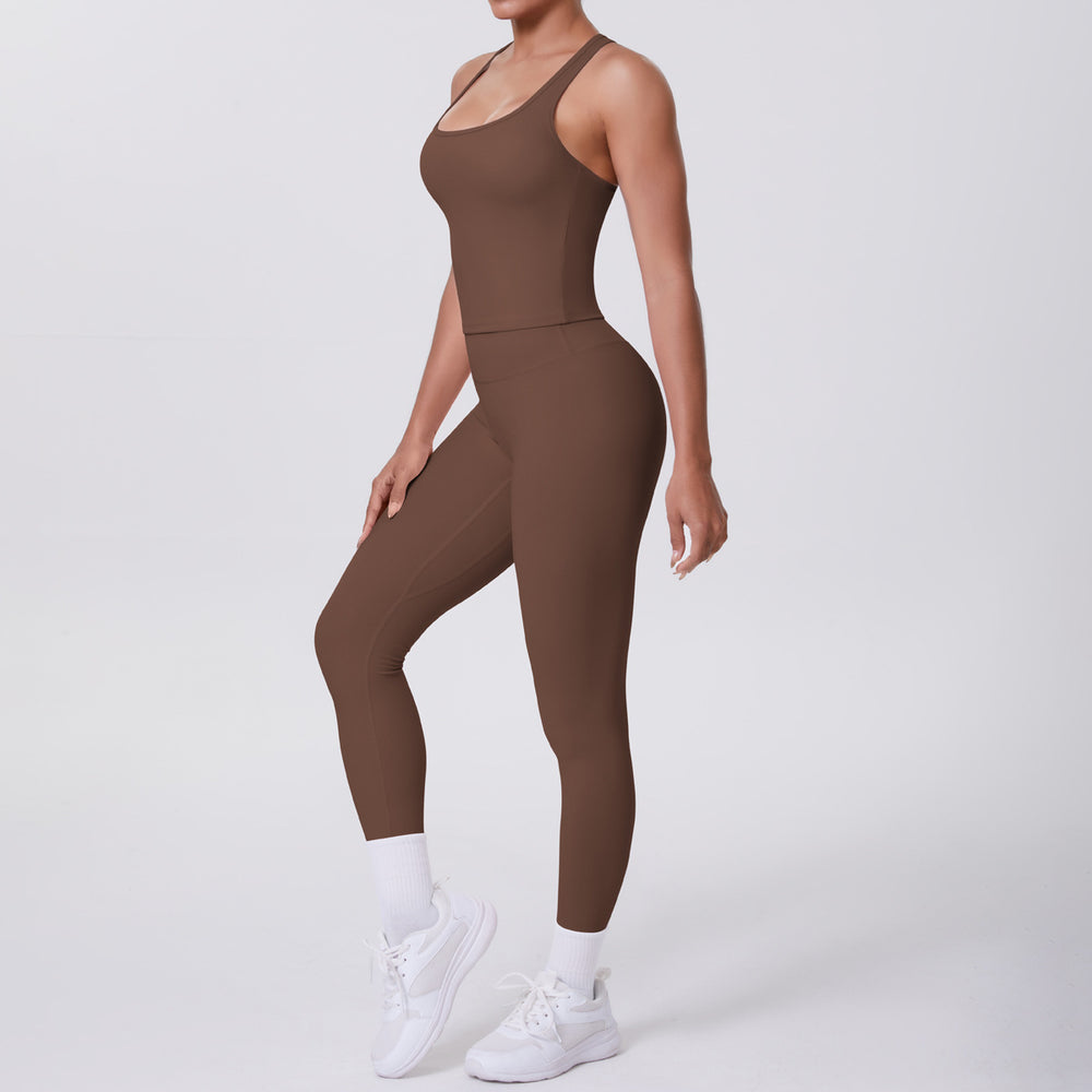 fashion double-sided brushed pure color tight i-shaped back sports suit running fitness yoga clothes two-piece set