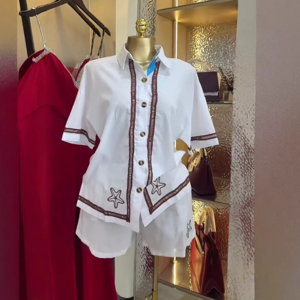 European and american cross-border women's fashion:  summer new collection - chic and elegant loose-fit turn-down collar short-sleeve shirt and wide-leg shorts set
