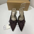 Za2024springnew arrivalbows high-heeled mules flats pointed toe toe slippers thin heel easiest for match half slippers