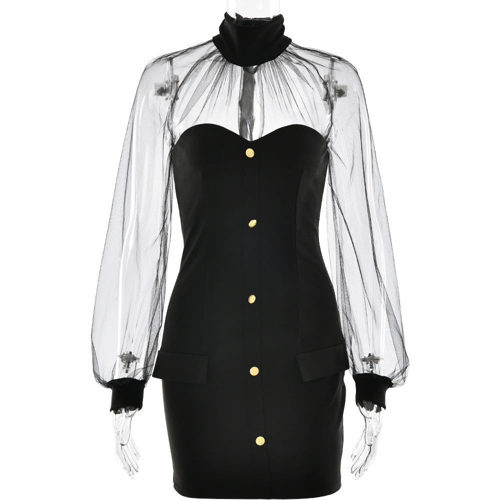 Europe and the United States  autumn and winter fashion sexy mesh splicing hip skirt new Spice Girl semi-turtleneck slim dress