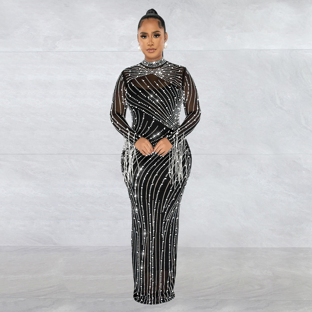 C6266   fashion women's mesh see-through rhinestone long sleeve maxi dress lined two-piece set