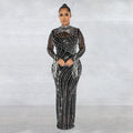 C6266   fashion women's mesh see-through rhinestone long sleeve maxi dress lined two-piece set