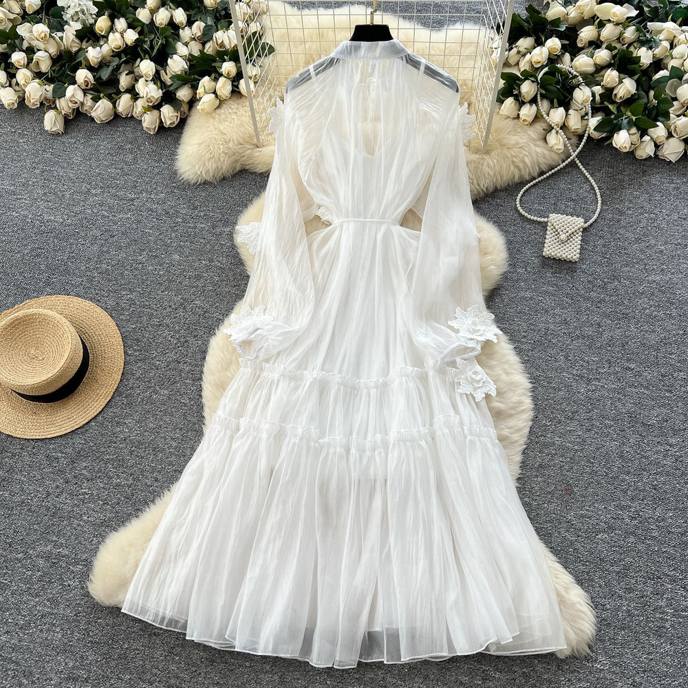 Fairy elegant dress  new french style 3d floral tie-waist lightweight mesh vacation dress